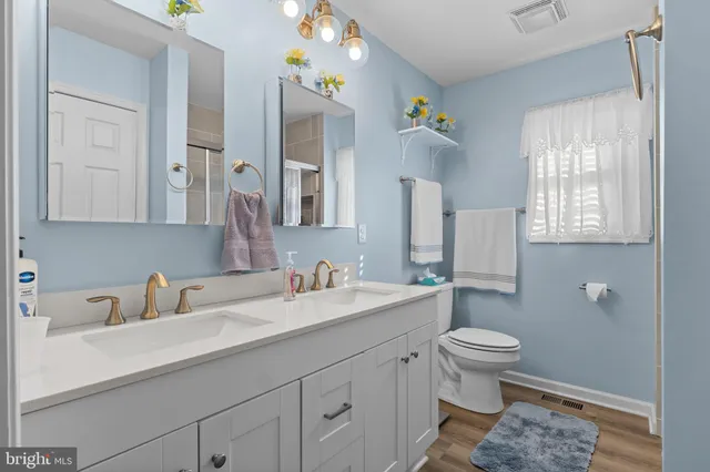 a bathroom with a sink a toilet and a mirror