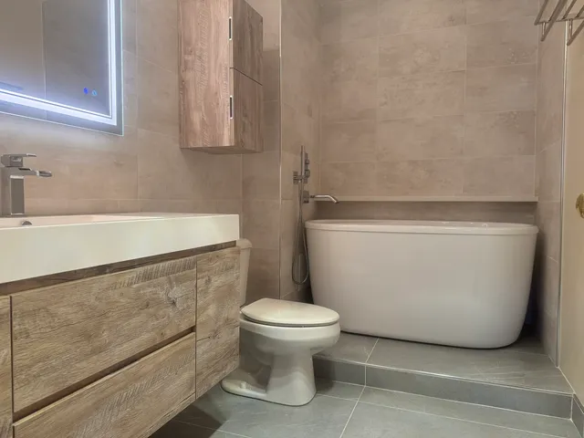 a bathroom with a toilet and a bathtub