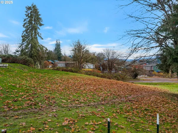 a backyard of a house with large trees