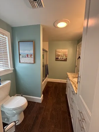 a bathroom with a toilet sink and vanity