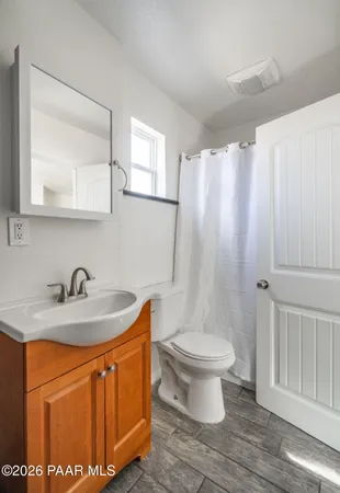 a bathroom with a sink a toilet and a mirror