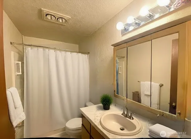 a bathroom with a granite countertop sink toilet and a mirror