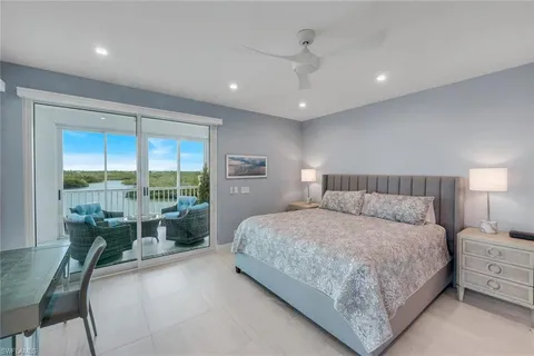 a spacious bedroom with a large bed and a large window