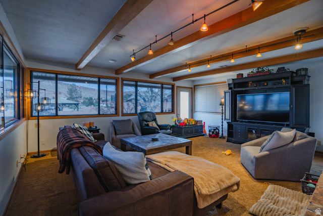 980 Cactus Circle St. George, UT 84790 - Photo 23 of 77 Living room with carpet flooring, beam ceiling, and rail lighting
