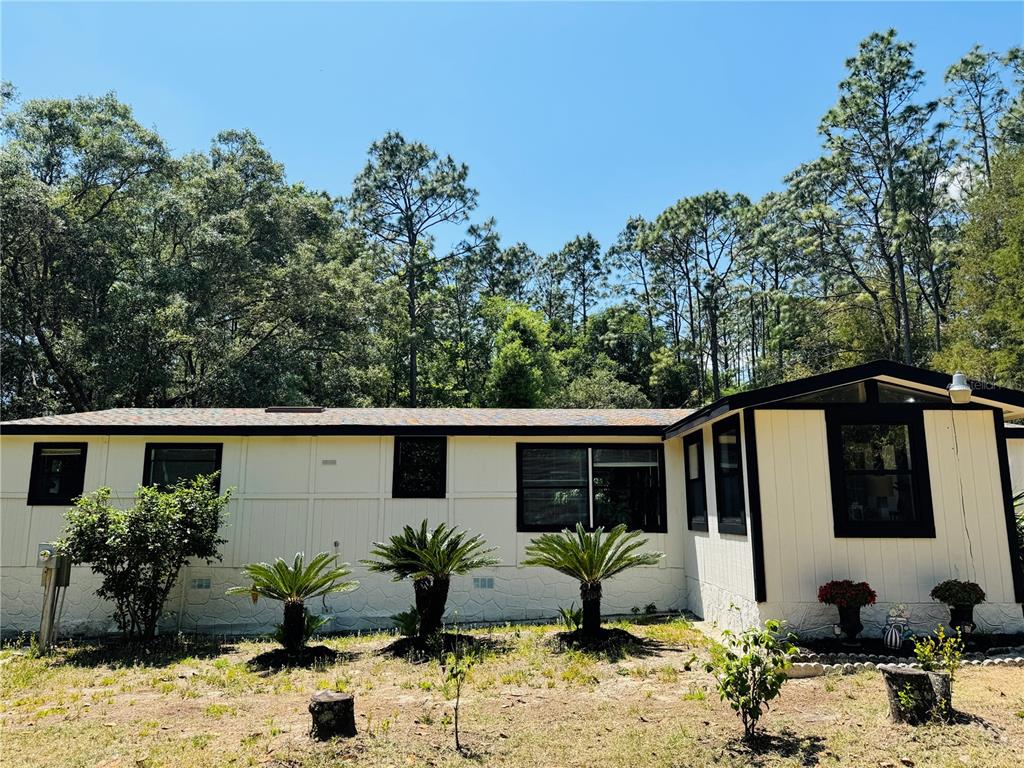 5560 Southwest 183rd Terrace Dunnellon, FL 34432 - Photo 1 of 1 a view of a backyard with a potted plant and floor to ceiling window