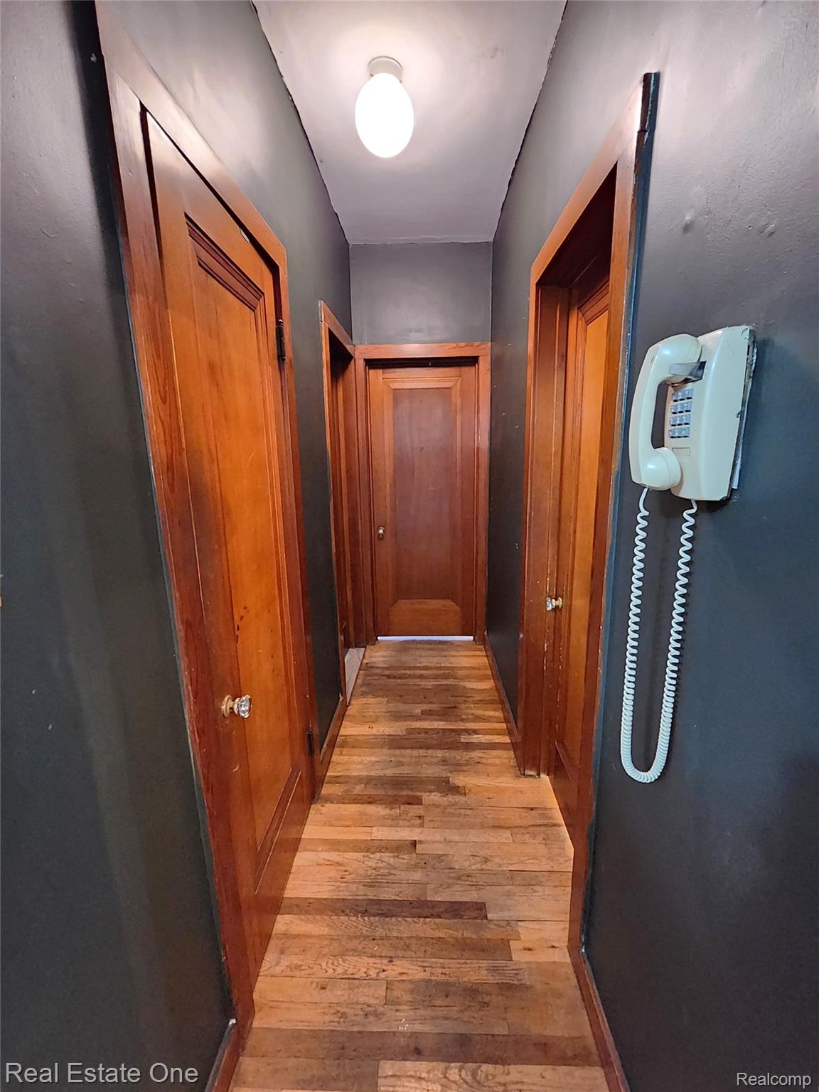2153 Wiltshire Road Berkley, MI 48072 - Photo 11 of 18 Hallway featuring wood-finish flooring, dark-painted walls, and multiple solid wood doors with visible grain