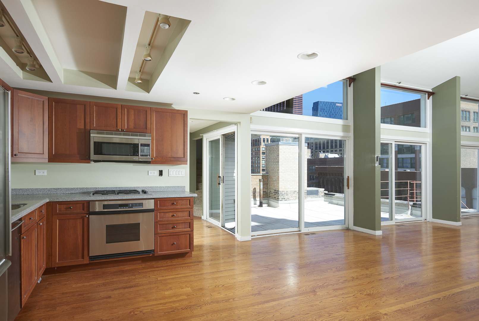 714 South Dearborn Street, Unit 9PH Chicago, IL 60605 - Photo 7 of 26 a kitchen with stainless steel appliances granite countertop a stove and a wooden floors