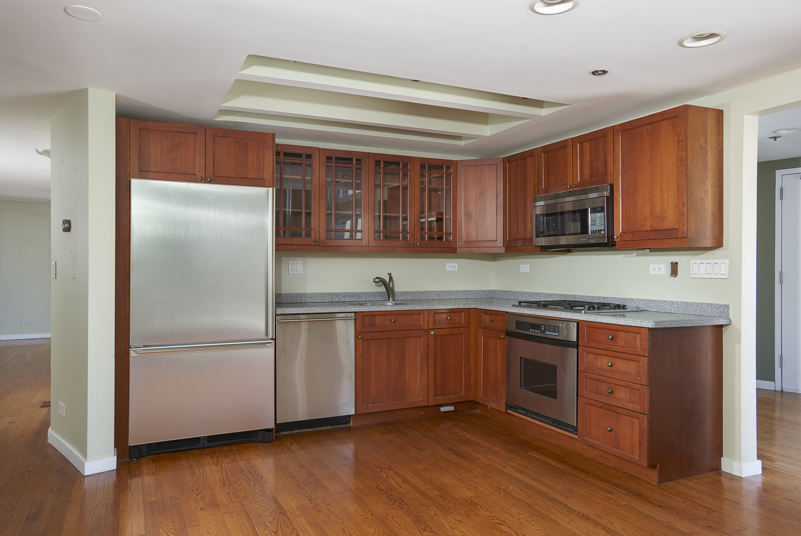 714 South Dearborn Street, Unit 9PH Chicago, IL 60605 - Photo 8 of 26 a kitchen with stainless steel appliances granite countertop a refrigerator a stove a sink and a microwave oven on the wooden floor