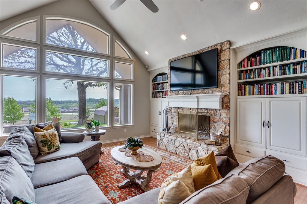 239 Hidden Creek Road Cresson, TX 76035 - Photo 10 of 36 a living room with furniture fireplace and a large window