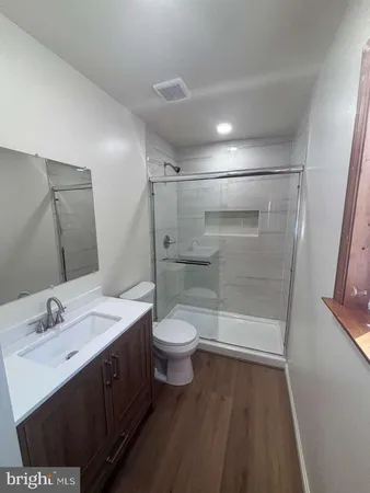 a bathroom with a double vanity sink toilet and shower