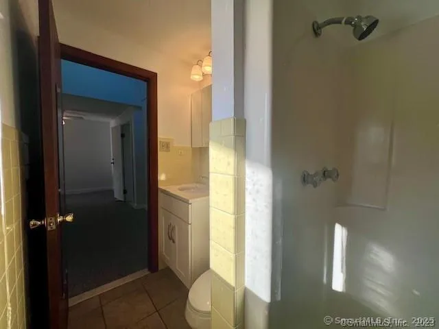 a bathroom with a granite countertop shower