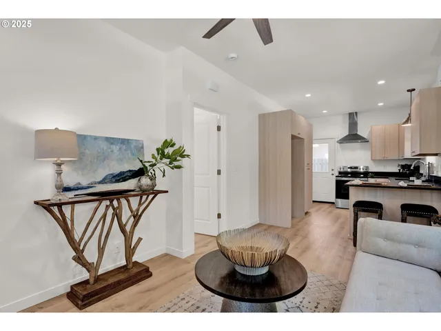 a living room with furniture and a kitchen