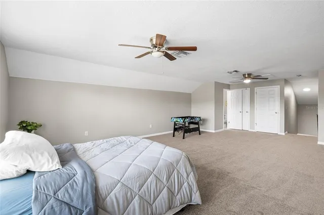 an aerial view of a house with a yard and potted plants