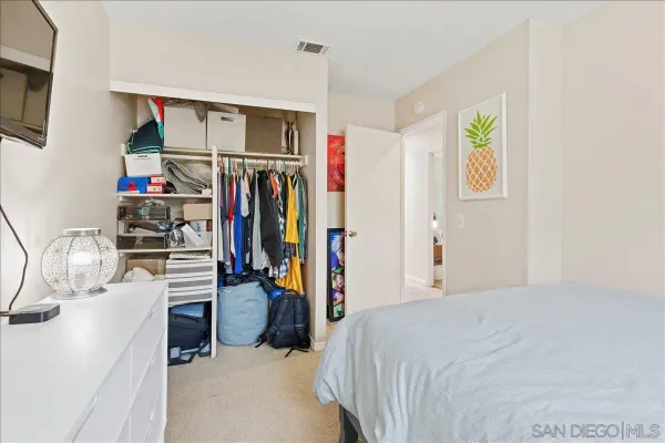 a bedroom with a bed closet and a flat tv screen