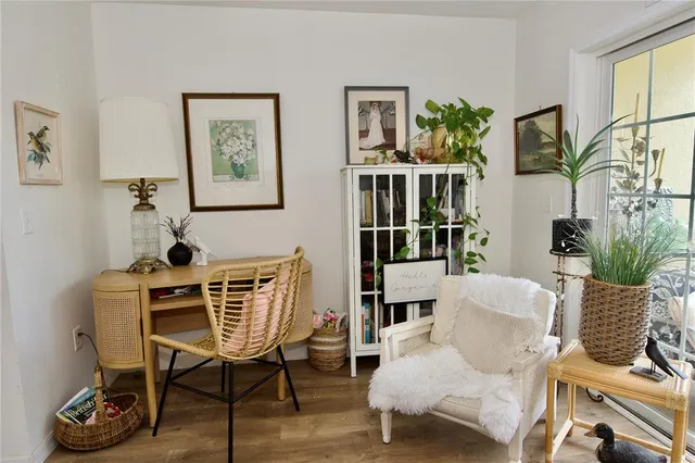a view of a livingroom with furniture and a potted plant