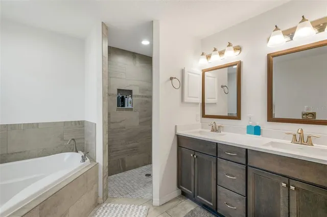a bathroom with a tub a double vanity sink and mirror