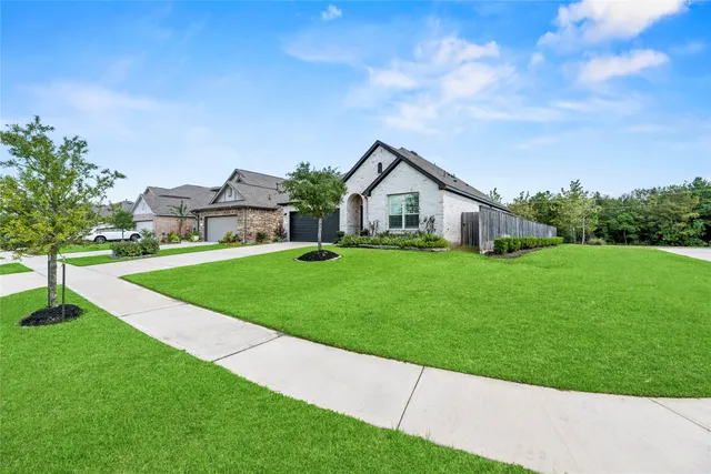 a view of a house with a big yard potted plants and large tree