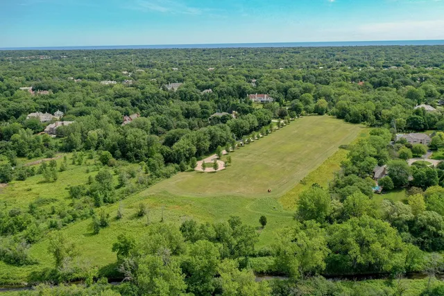 an aerial view of residential houses with outdoor space and trees