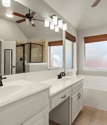 a bathroom with a tub sink and mirror
