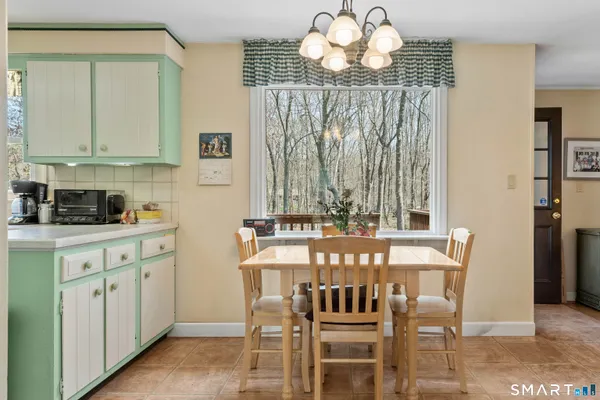 a view of a dining room with furniture window and outside view
