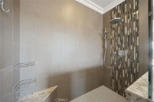 a bathroom with a shower and a toilet
