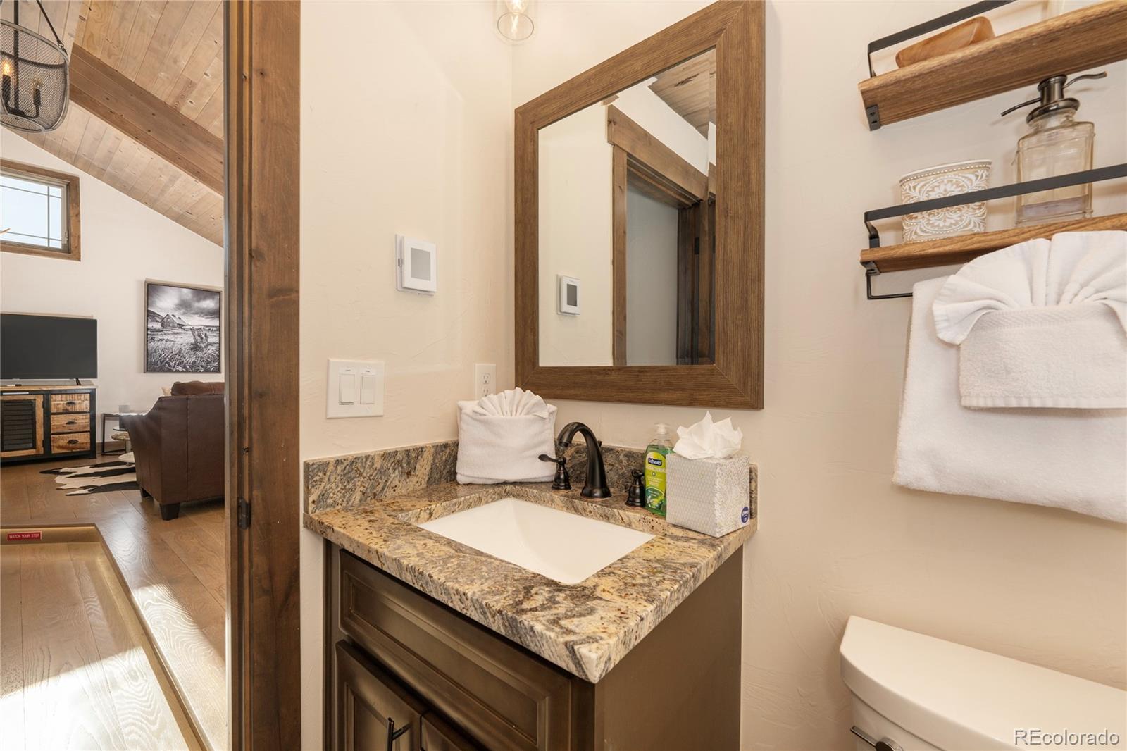 465 Lower Ranch View Drive Granby, CO 80446 - Photo 24 of 50 a bathroom with a granite countertop sink a toilet and a mirror