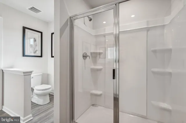 a bathroom with a shower and a toilet