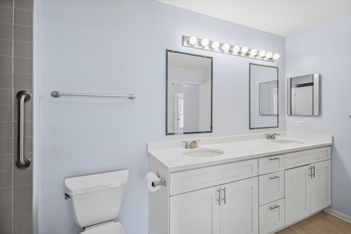 120 Cathy Lane, Unit 120 Mount Prospect, IL 60056 - Photo 15 of 20 a bathroom with a double vanity sink mirror and toilet