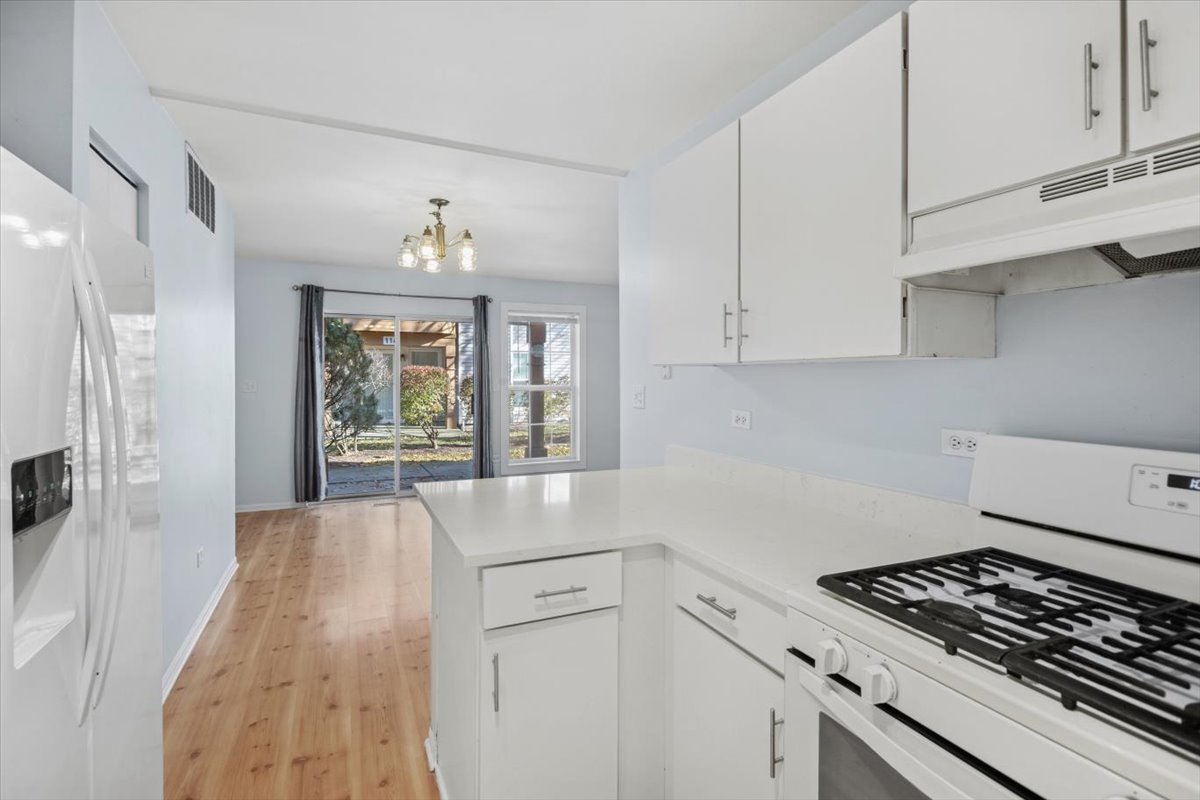 120 Cathy Lane, Unit 120 Mount Prospect, IL 60056 - Photo 7 of 20 a kitchen with granite countertop a stove a sink dishwasher and white cabinets with wooden floor