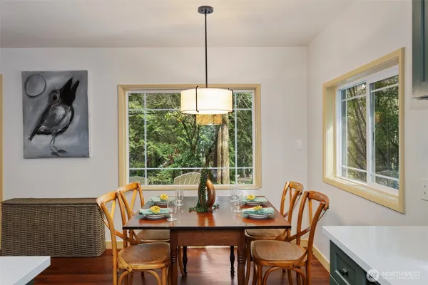 a view of a dining room with furniture window and outside view