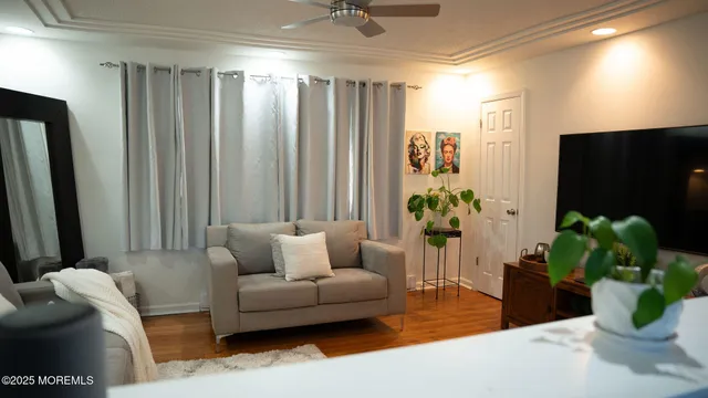 a living room with furniture and a potted plant