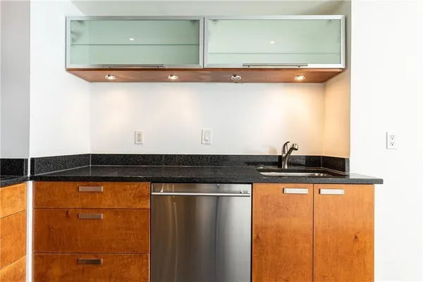 a close view of sink and microwave