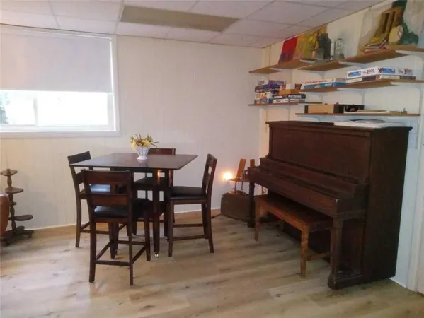 a view of a dining room with furniture