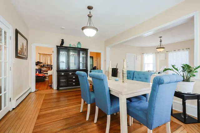 a view of a dining room with furniture