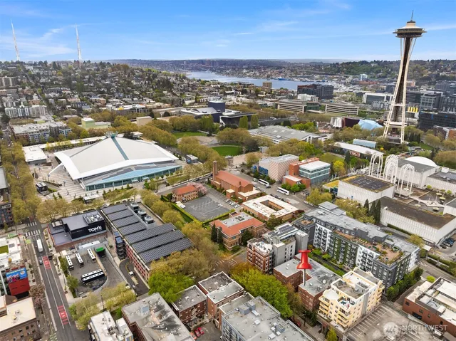 an aerial view of residential houses with city view