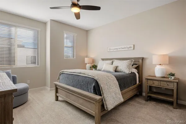 a bedroom with a bed and a couch