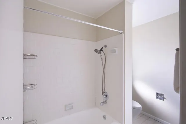 a bathroom with a shower and toilet