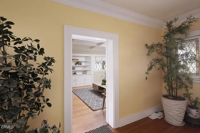 a room with a potted plant and a table