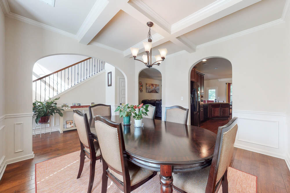 6092 Rye Field Road Aiken, SC 29801 - Photo 4 of 34 Dining room with beautiful coffered ceiling, wainscoting, crown molding & bay window!