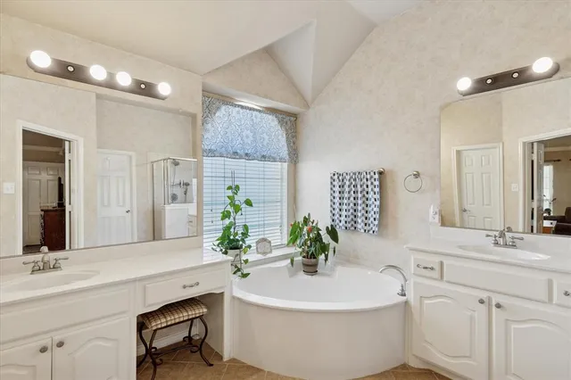 a bathroom with a bathtub sink and mirror