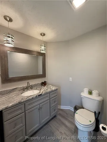 a bathroom with a granite countertop toilet sink and mirror