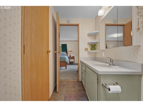 a bathroom with a sink vanity and a mirror