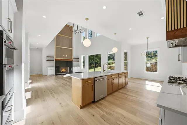 a large kitchen with stainless steel appliances granite countertop a large stove a sink dishwasher and a fireplace with wooden floor