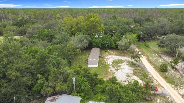 an aerial view of residential houses with outdoor space and trees