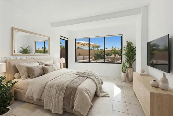 a bedroom with a bed and a flat screen tv