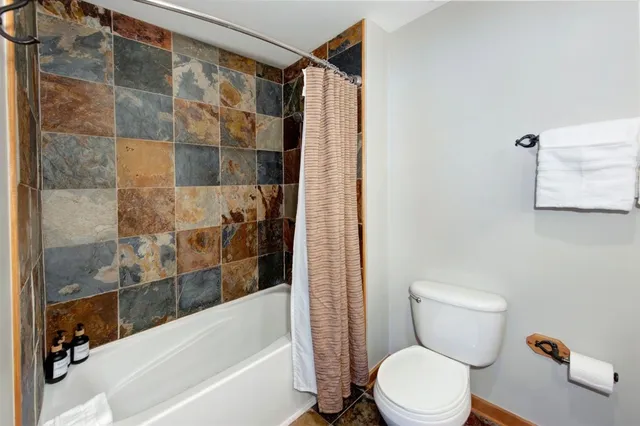 a bathroom with a toilet and a shower