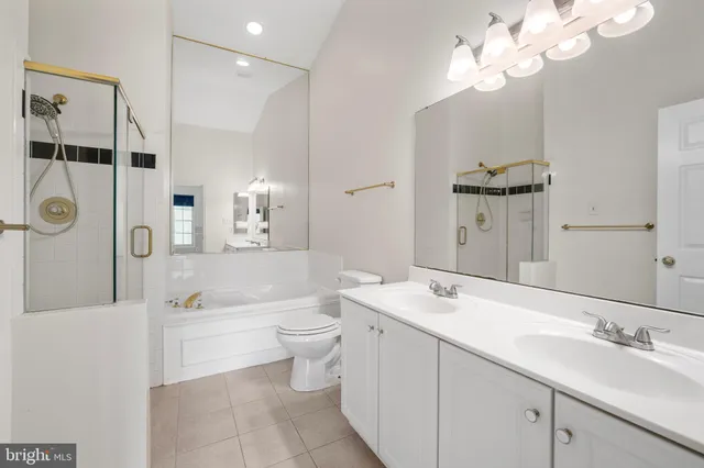 a bathroom with a double vanity sink a toilet a mirror and shower