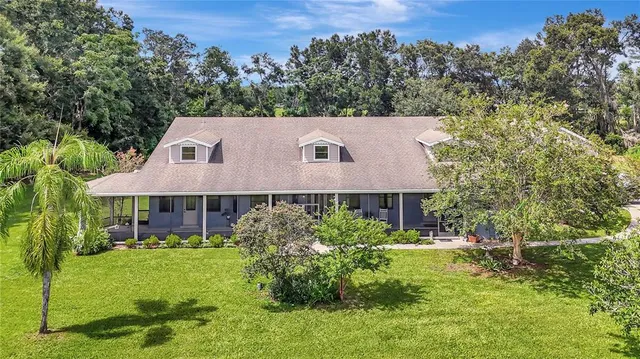 an aerial view of a house with a yard and a large tree