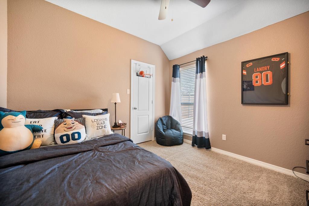 212 Ashmore Place Haslet, TX 76052 - Photo 26 of 39 Bedroom featuring carpet floors, lofted ceiling, a textured wall, and a ceiling fan