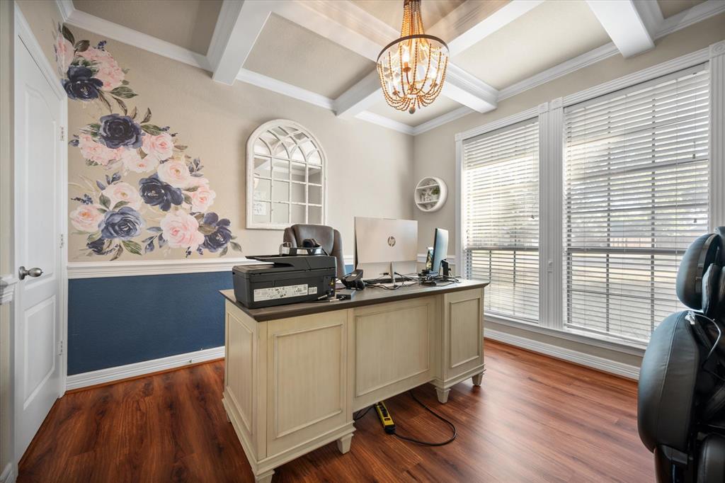 212 Ashmore Place Haslet, TX 76052 - Photo 27 of 39 Home office with beamed ceiling, coffered ceiling, dark wood finished floors, healthy amount of natural light, and crown molding